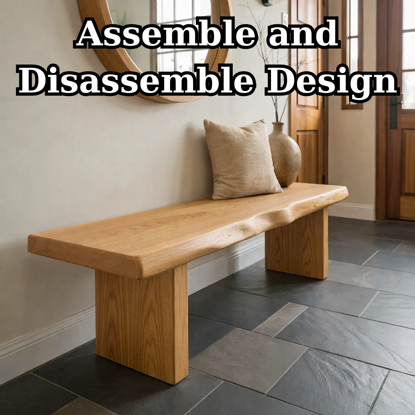 Solid Wood Entryway Bench with Live Edge Seat – Rustic Modern Hallway Bench