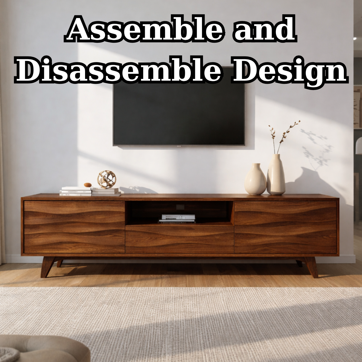 Solid Wood TV Stand with Wave Pattern Doors – Modern Rustic Media Console