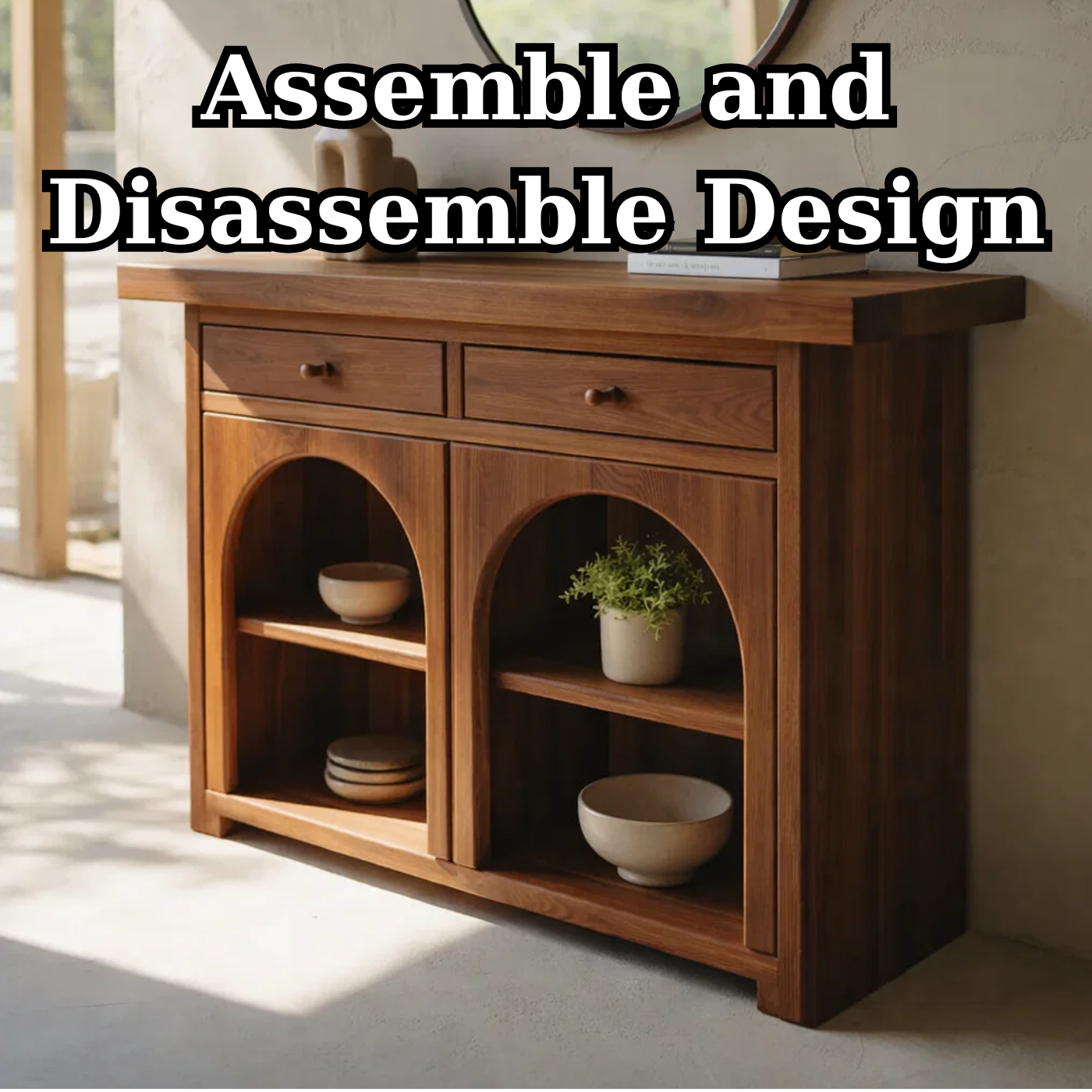 Solid Wood Console Cabinet with Arched Shelves – Modern Entryway Storage Console