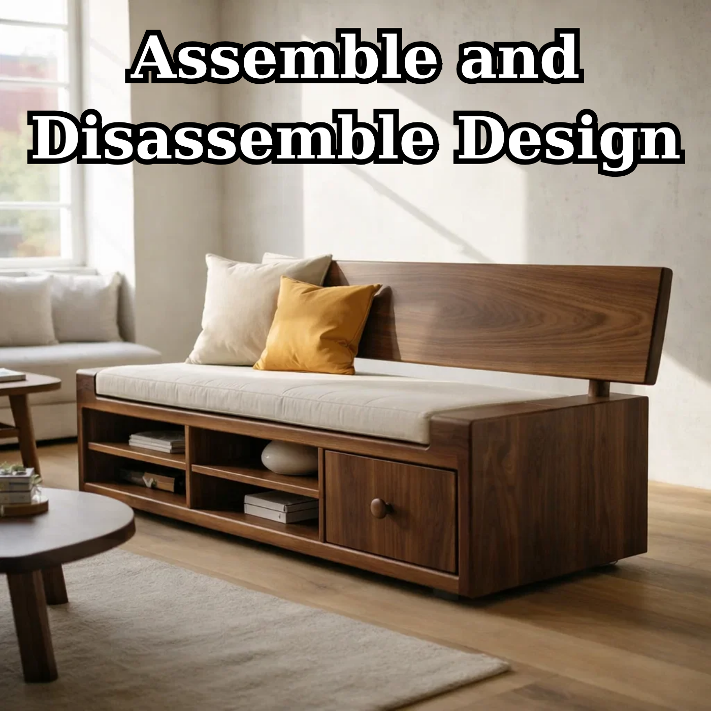 Solid Wood Storage Sofa – Walnut Wooden Sofa with Built-in Shelves