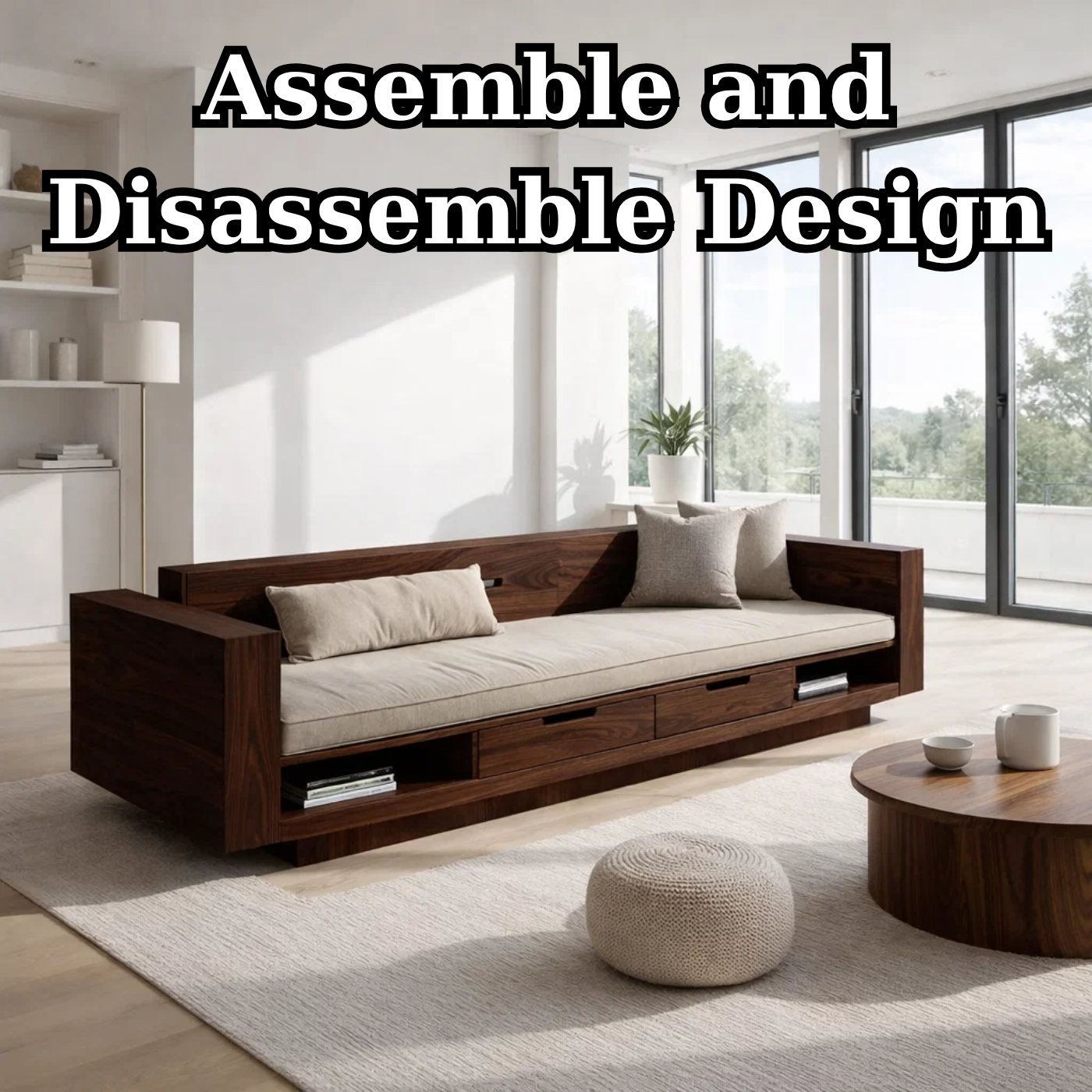 Walnut Solid Wood Storage Sofa – Modern Wooden Sofa with Drawers and Open Shelves