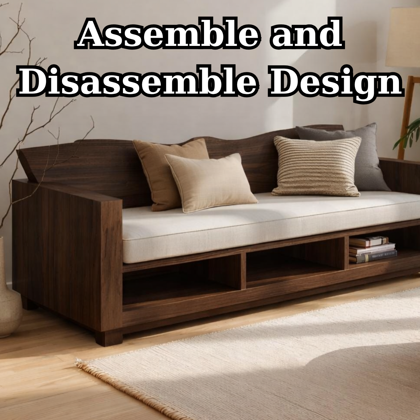 Walnut Solid Wood Sofa with Storage Shelf – Modern Wooden Living Room Sofa