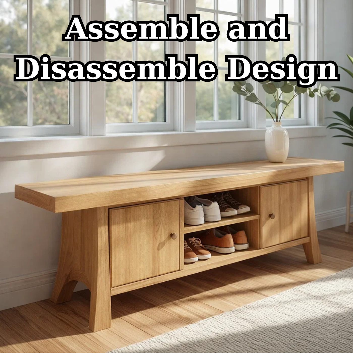 Solid Wood Shoe Storage Bench – Entryway Bench with Cabinet Doors and Open Shelf