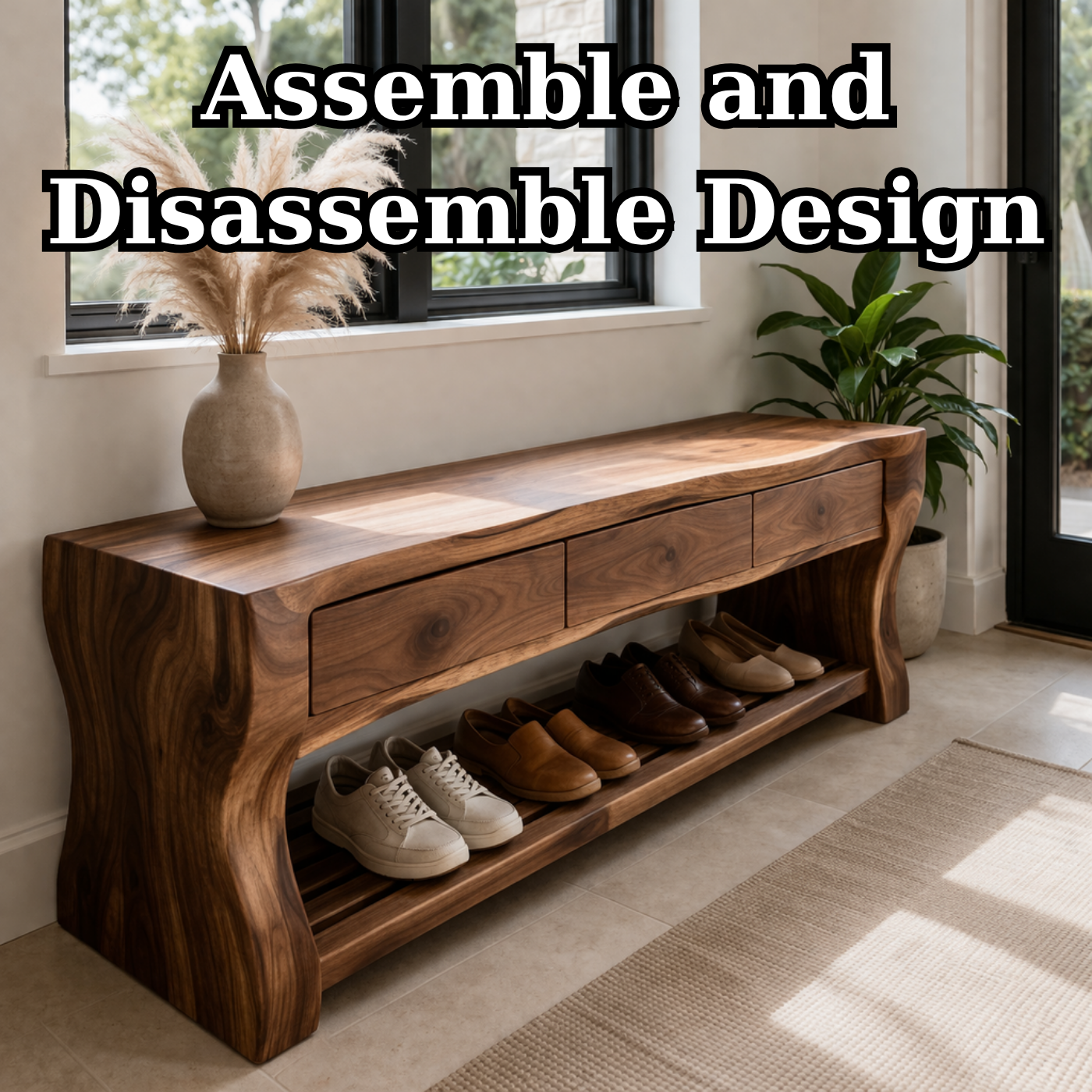 Solid Wood Shoe Bench with Drawers – Modern Walnut Entryway Storage Bench