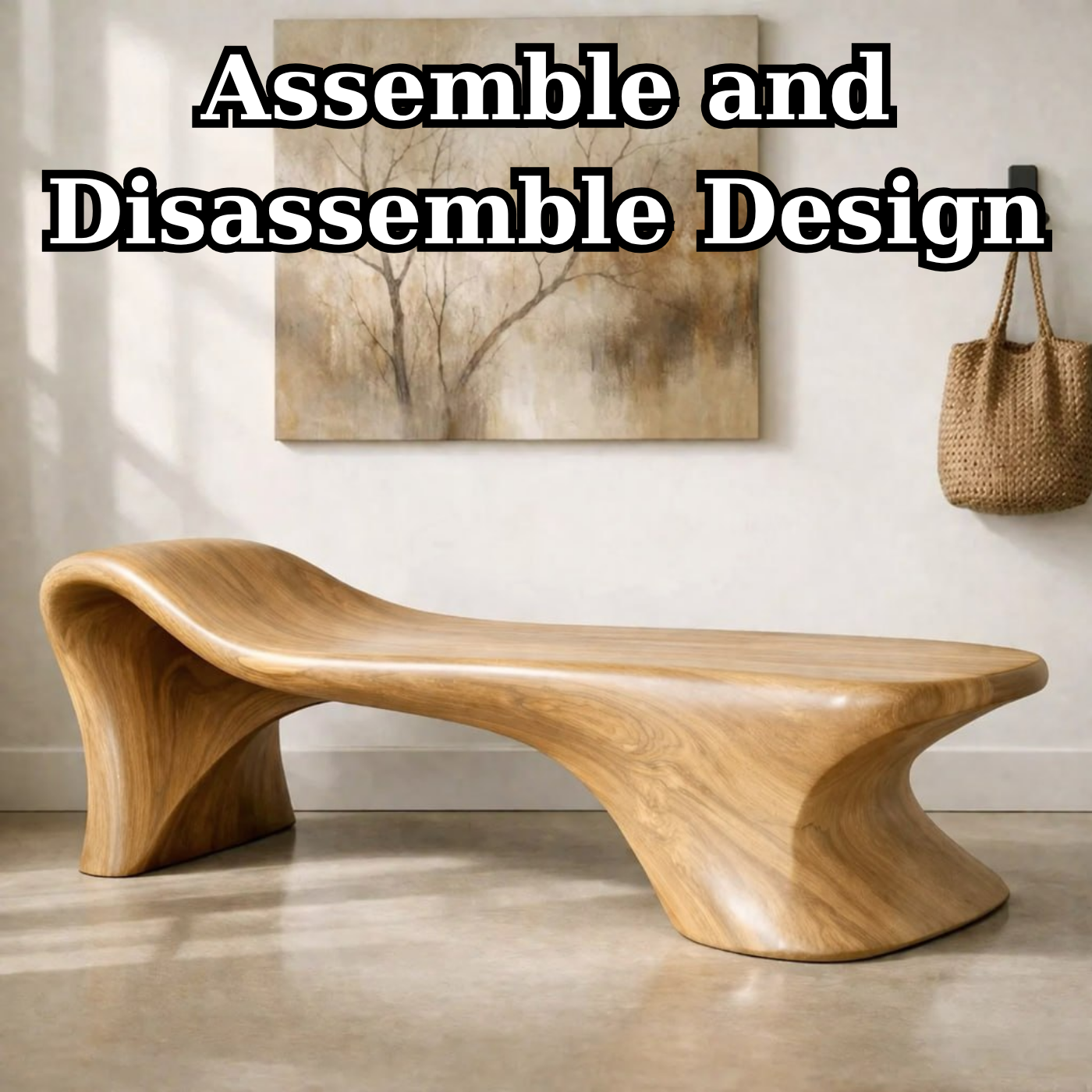 Sculptural Wooden Bench, Modern Curved Entryway Seat, Artistic Statement Accent Furniture Piece