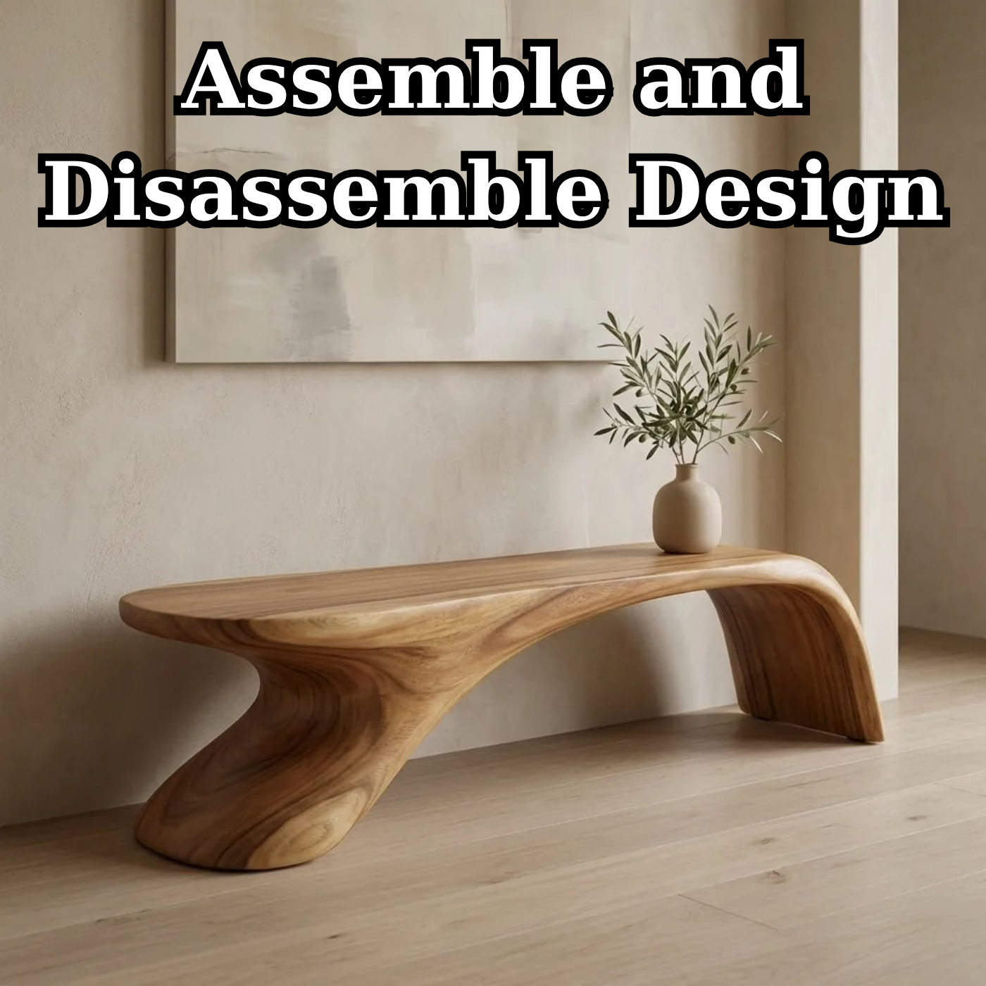 Sculptural Wooden Bench, Modern Curved Accent Seat, Minimalist Entryway Statement Furniture Piece