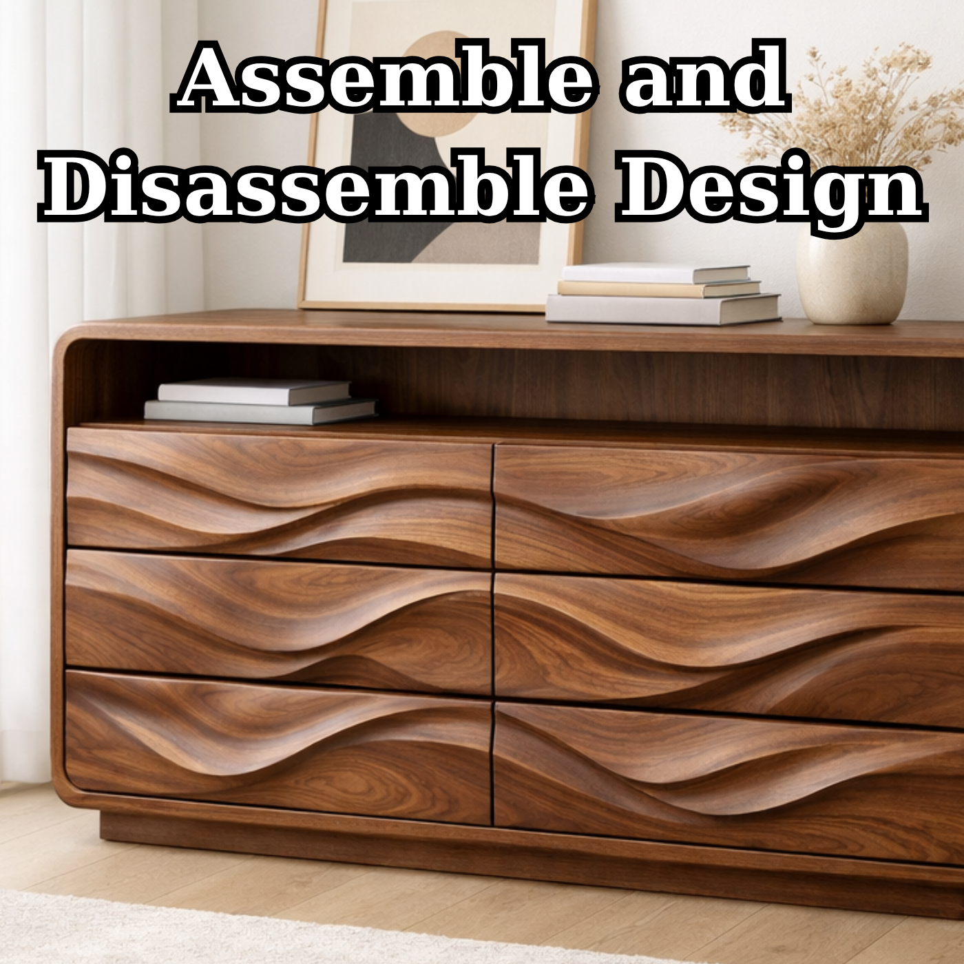 Solid Wood Console Table with Drawer Storage and Sculptural Wave Front Design