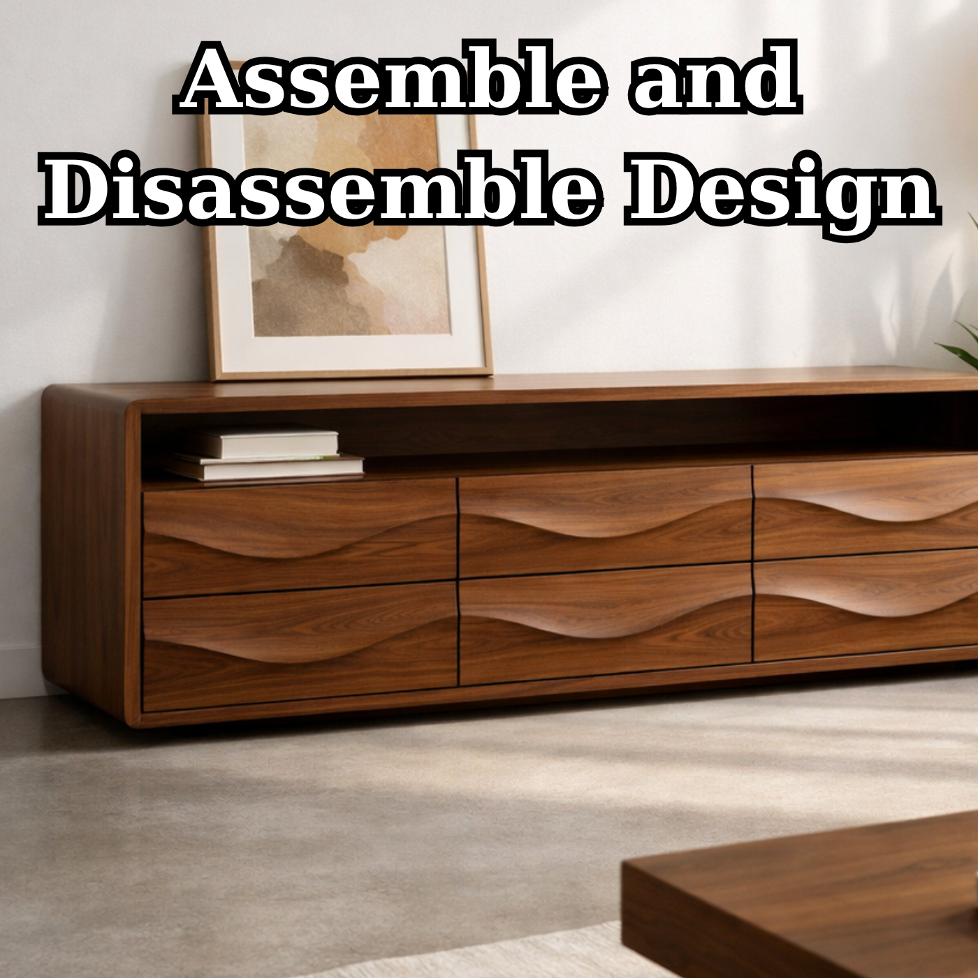 Solid Wood Console Table with Low Profile and Sculptural Wave Drawers