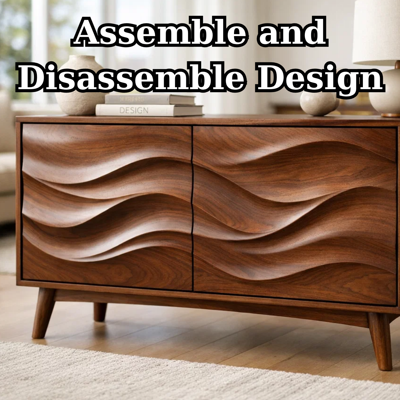 Solid Wood Console Table with Sculptural Wave Doors and Mid-Century Legs
