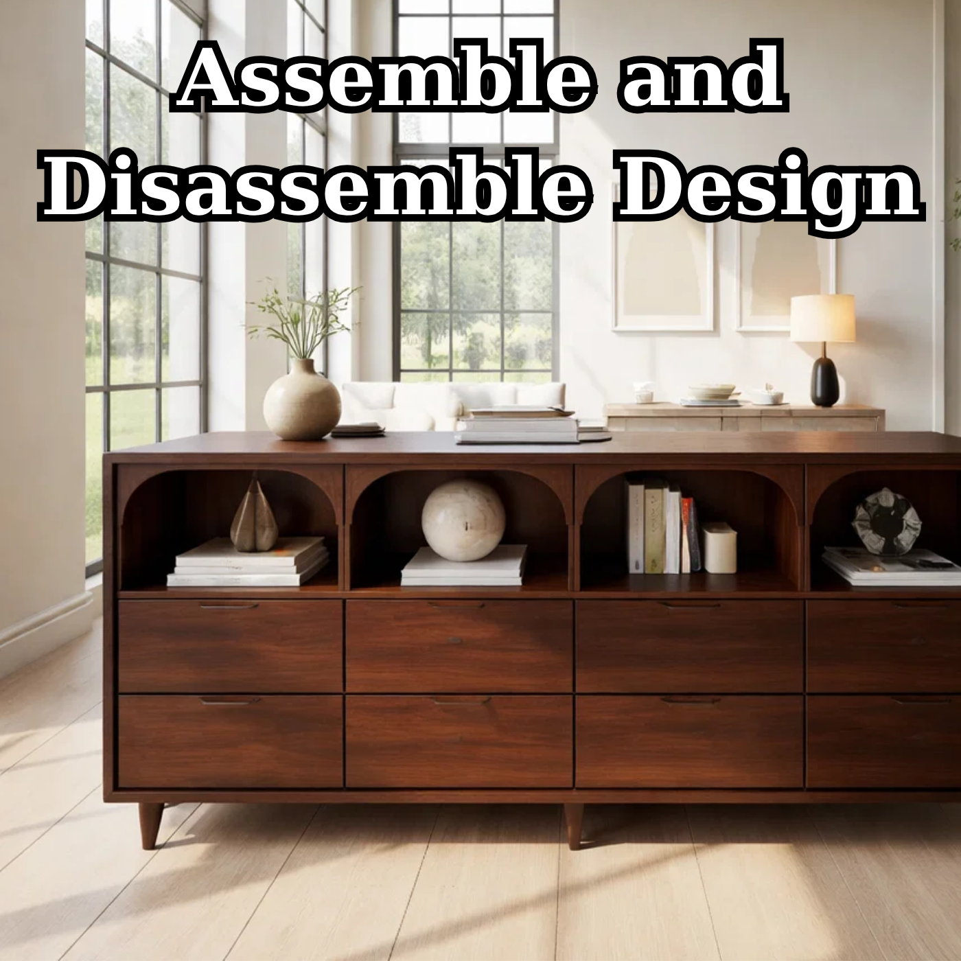 Solid Wood Console Table with Arched Open Shelves and Drawer Storage