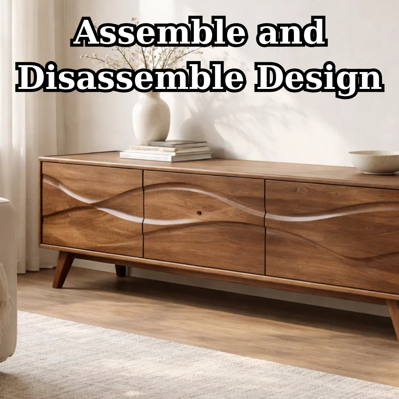 Solid Wood Console Table with Minimal Wave Carved Doors for Modern Living Room