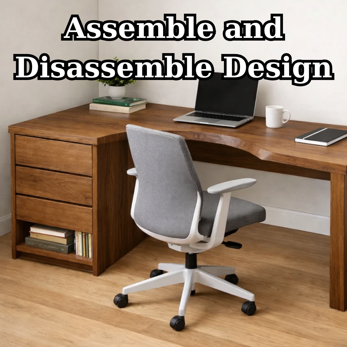 Solid Wood Study Desk with Storage Drawers and Curved Ergonomic Cutout