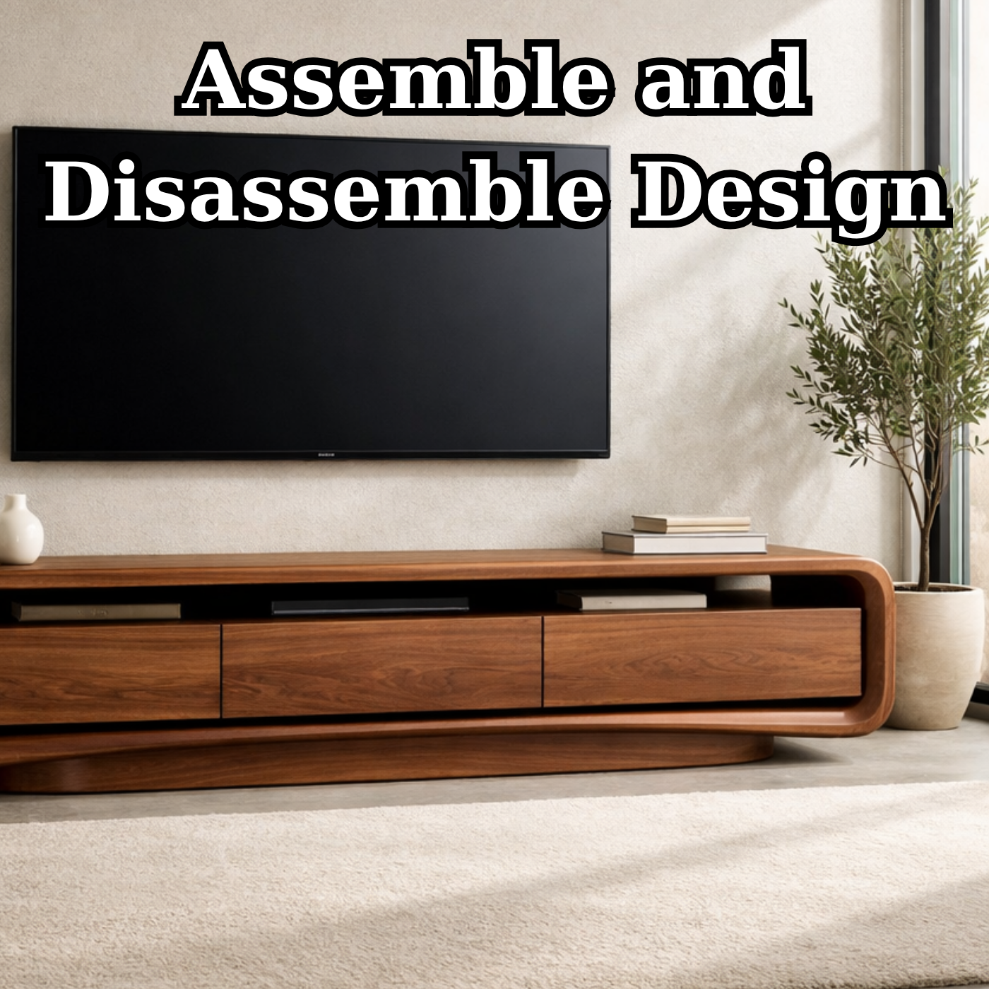 Solid Wood Curved TV Stand with Storage Drawers for Modern Living Room