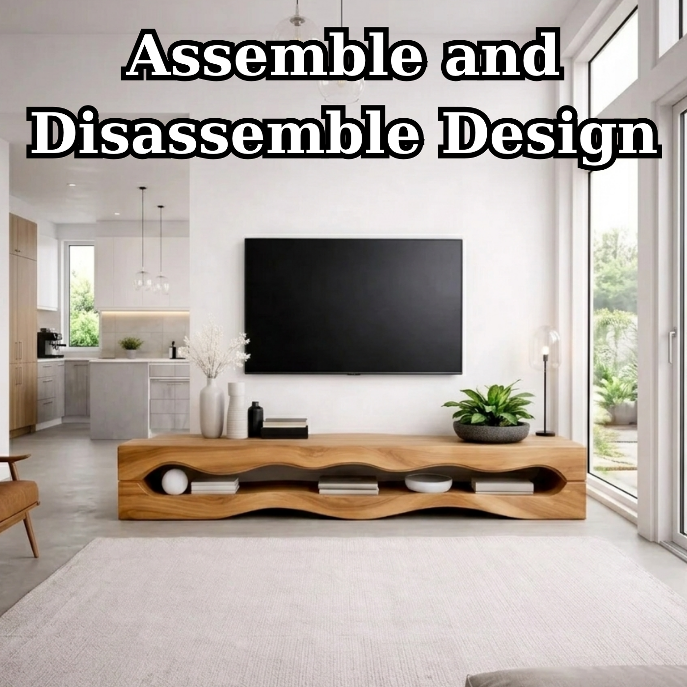 Solid Wood Wave TV Stand with Open Shelves for Modern Minimalist Living Room