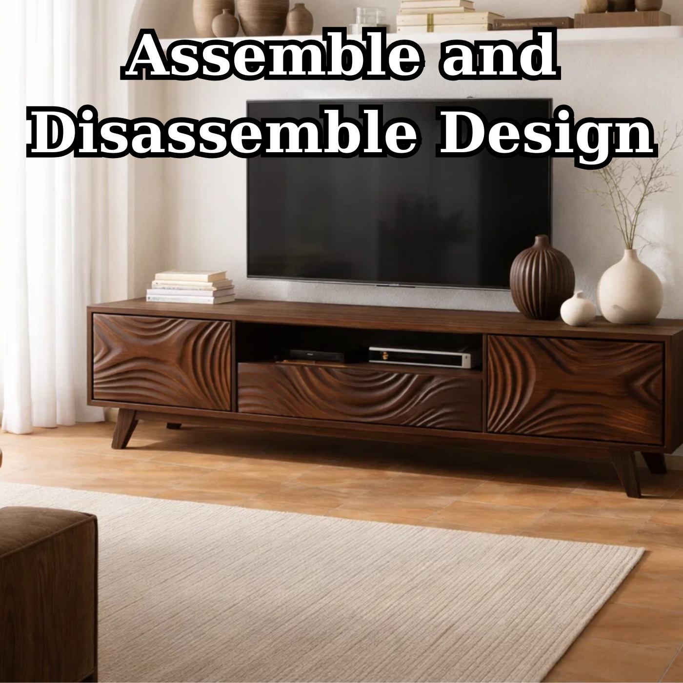 Handcrafted Solid Wood Carved TV Stand with Artistic Wave Design