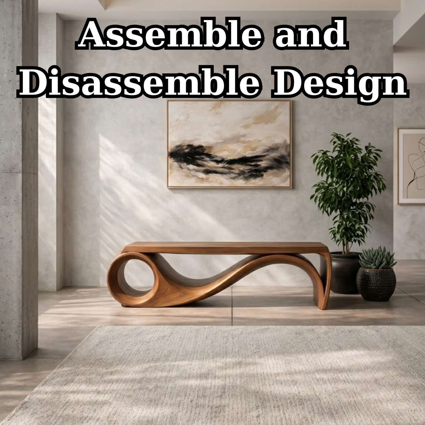 Solid Wood Sculptural Bench with Curved Wave Base Modern Design