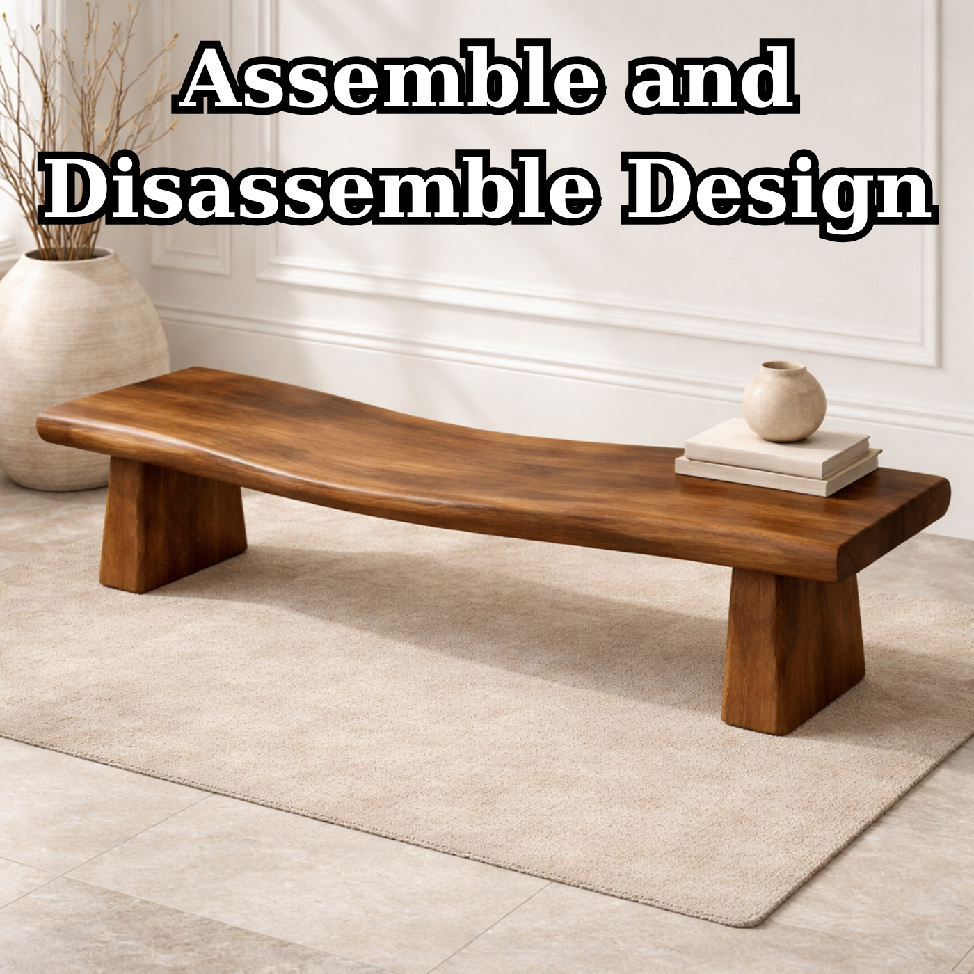 Handcrafted Solid Wood Curved Bench with Sculptural Pedestal Legs