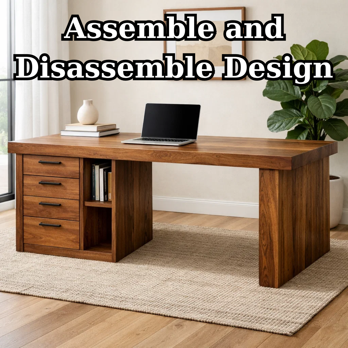 Handcrafted Solid Wood Office Desk with Storage Drawers and Open Shelf