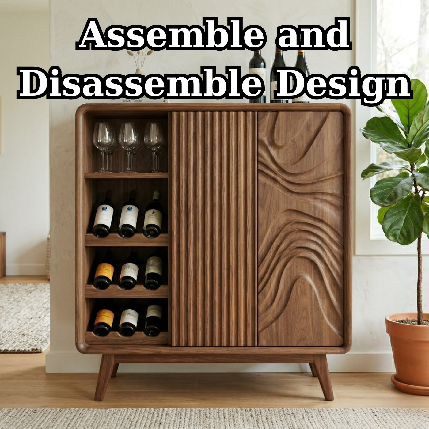 Solid Wood Wine Cabinet with Fluted Panel and Sculptural Door Design