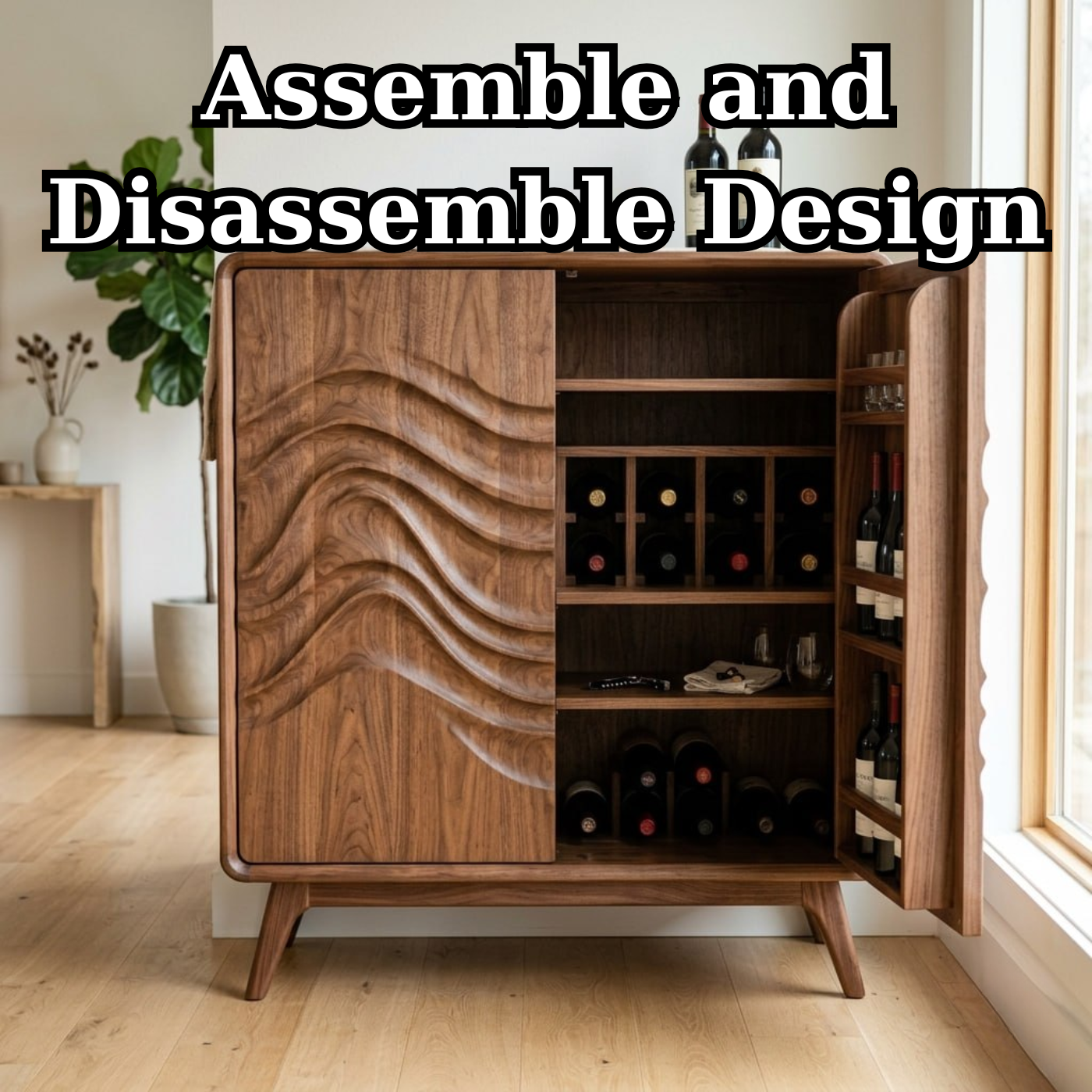 Handcrafted Solid Wood Wine Cabinet with Sculpted Wave Door and Storage Shelves