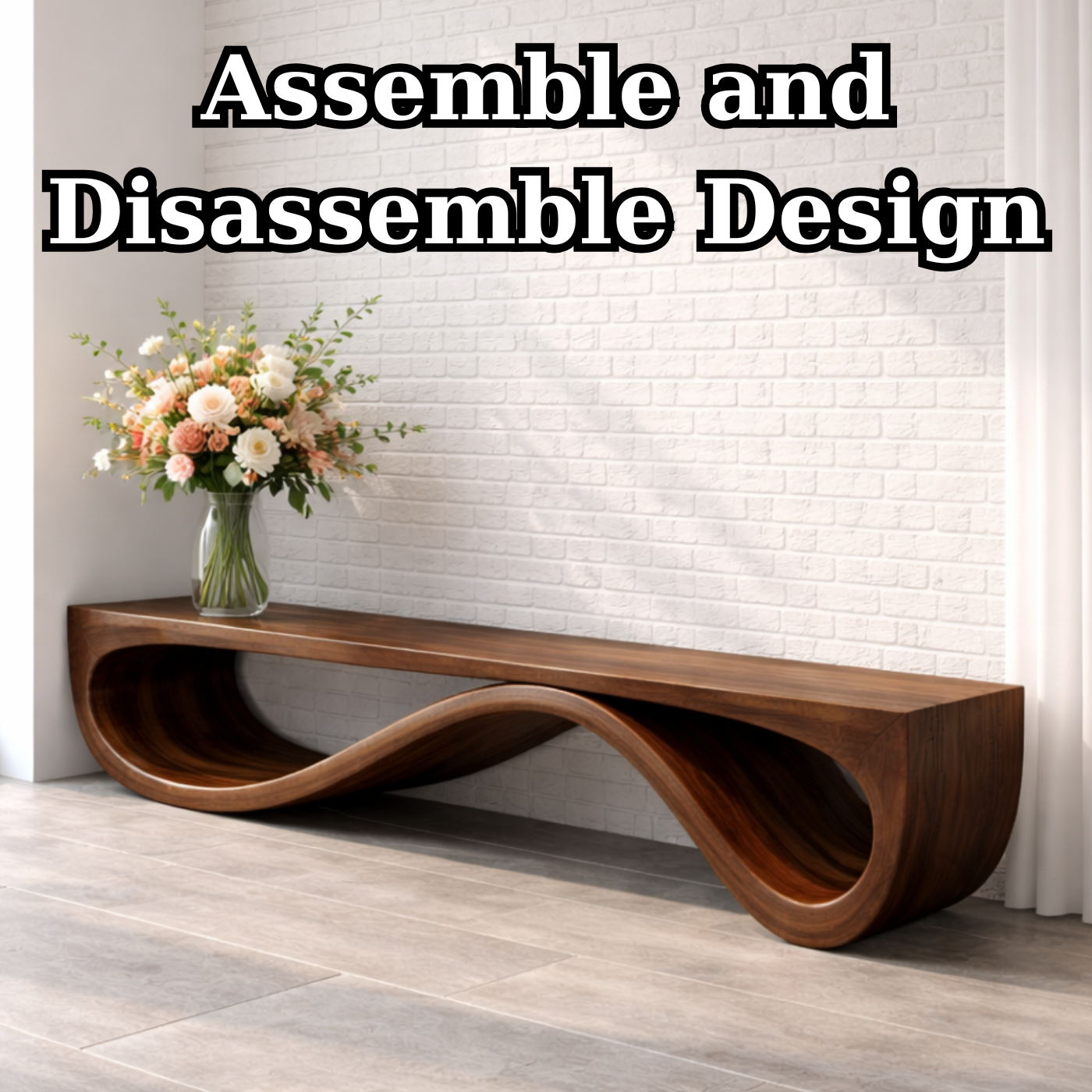 Handcrafted Solid Wood Bench with Sculptural Wave Base Design