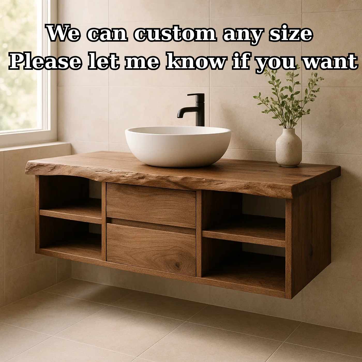 Minimalist Solid Wood Floating Bathroom Vanity with Live Edge Countertop and Dual Open Shelving