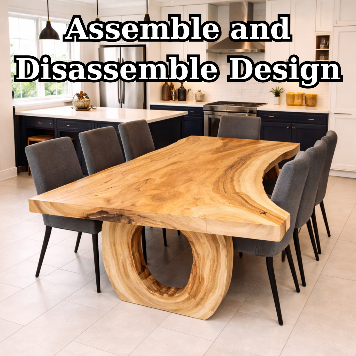 Handcrafted Solid Wood Dining Table with Live Edge Top and Sculptural Loop Base