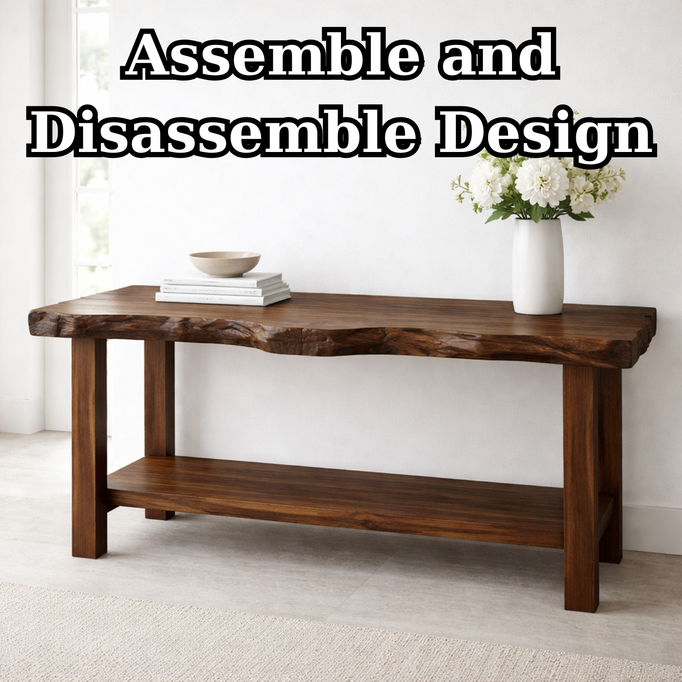 Solid Wood Console Table with Live Edge Top – Rustic Entryway & Sofa Table with Shelf