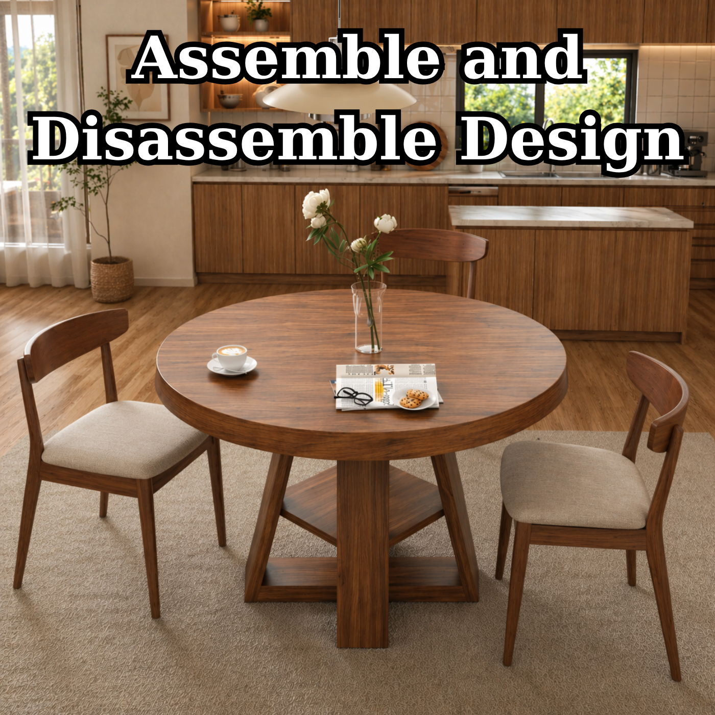Round Solid Wood Dining Table – Pedestal Table for Modern Kitchen