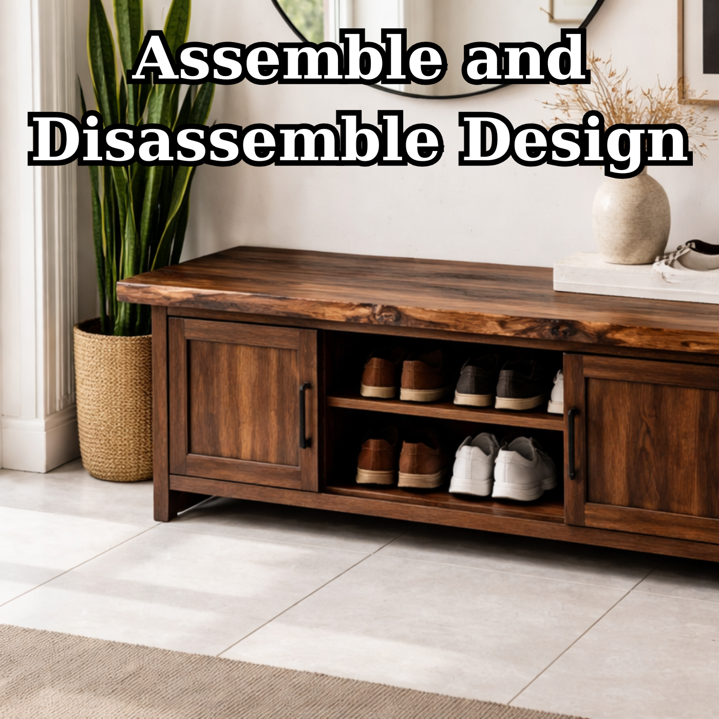 Solid Wood Entryway Bench with Cabinet & Open Shoe Storage – Rustic Modern Bench