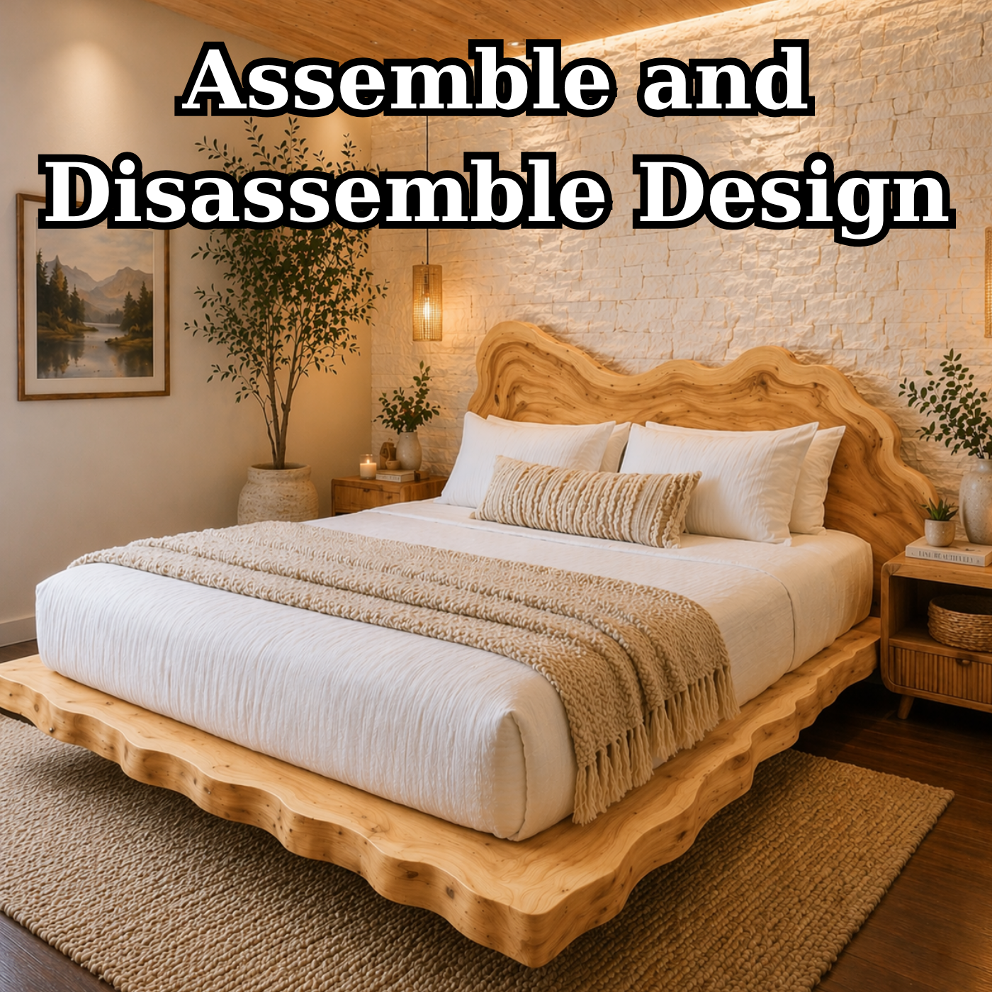Live Edge Solid Wood Platform Bed Frame, Organic Wavy Headboard Furniture