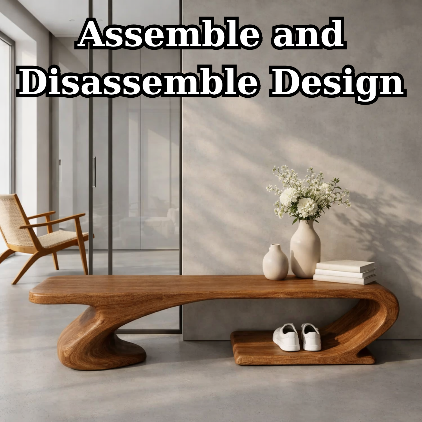 Solid Wood Sculptural Entryway Bench, Organic Wavy Minimalist Hallway Seat