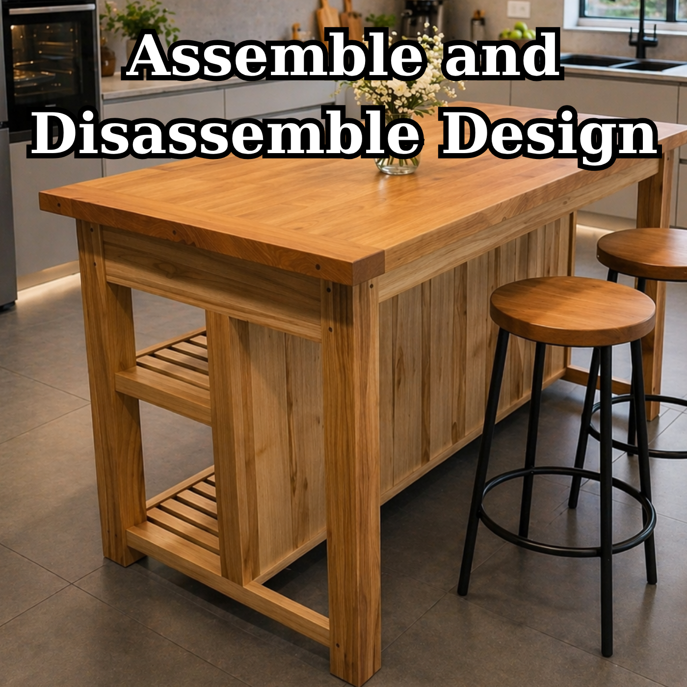 Solid Wood Kitchen Island Table with Storage Shelf – Rustic Modern Dining Island, Large Wooden Prep Table for Kitchen