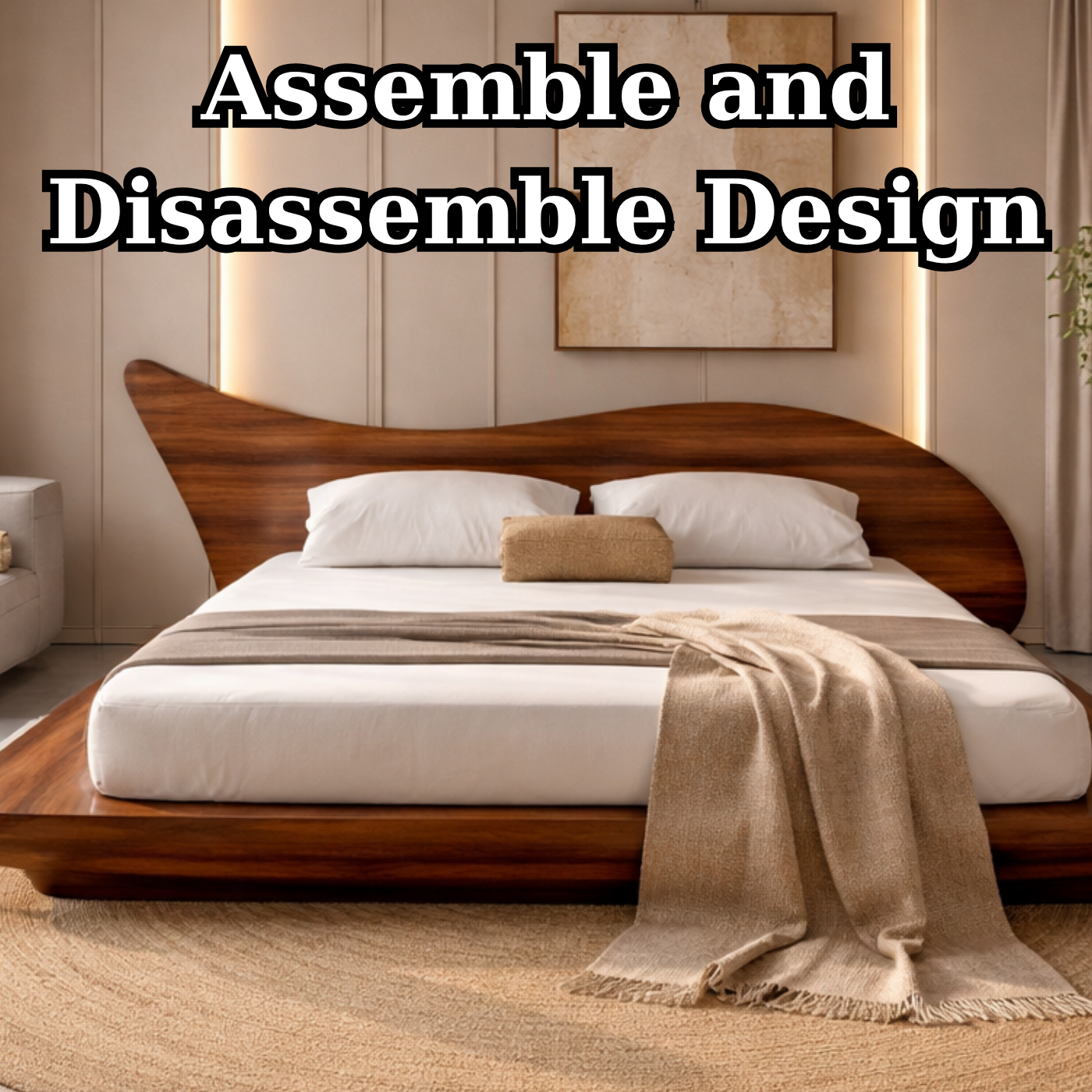 Solid Wood Platform Bed with Organic Curved Headboard – Modern Walnut Bed Frame, Luxury Minimalist Bedroom Furniture