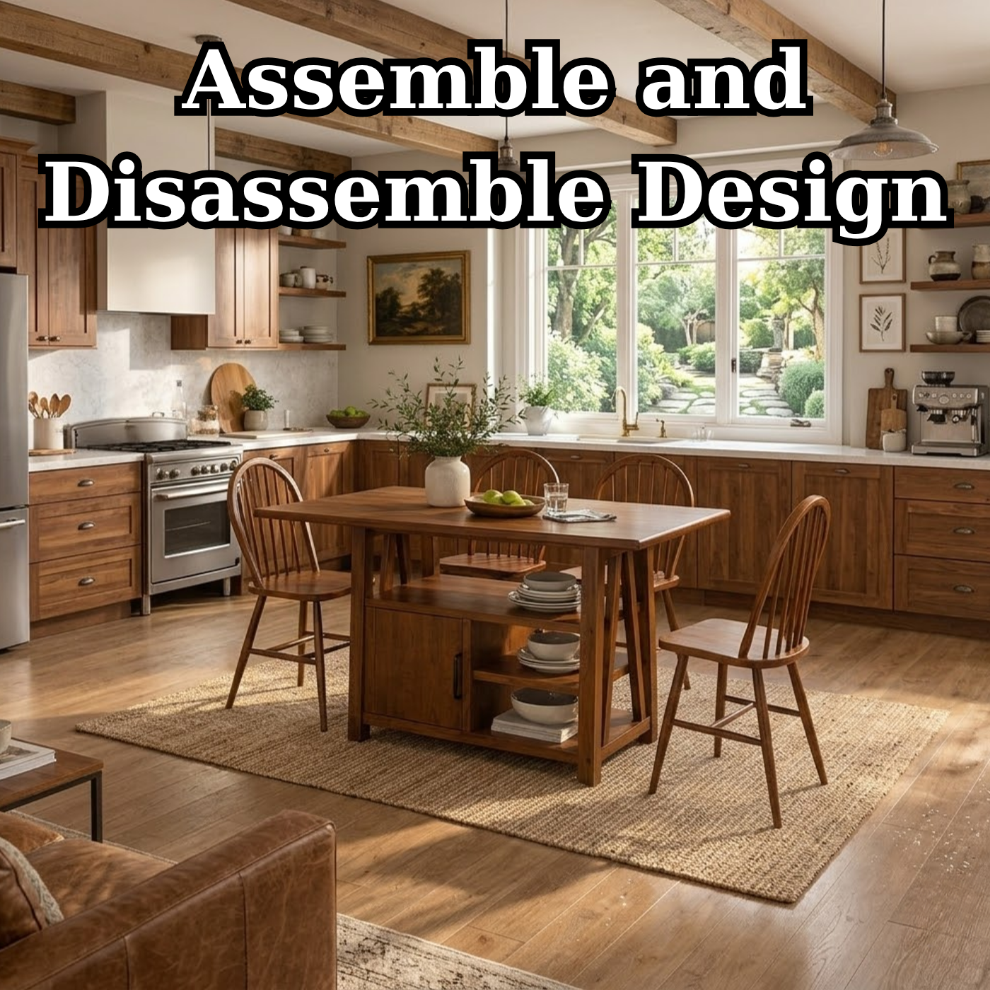 Solid Wood Dining Table with Storage Shelf – Rustic Walnut Kitchen Island Table, Wooden Dining Table with Cabinet
