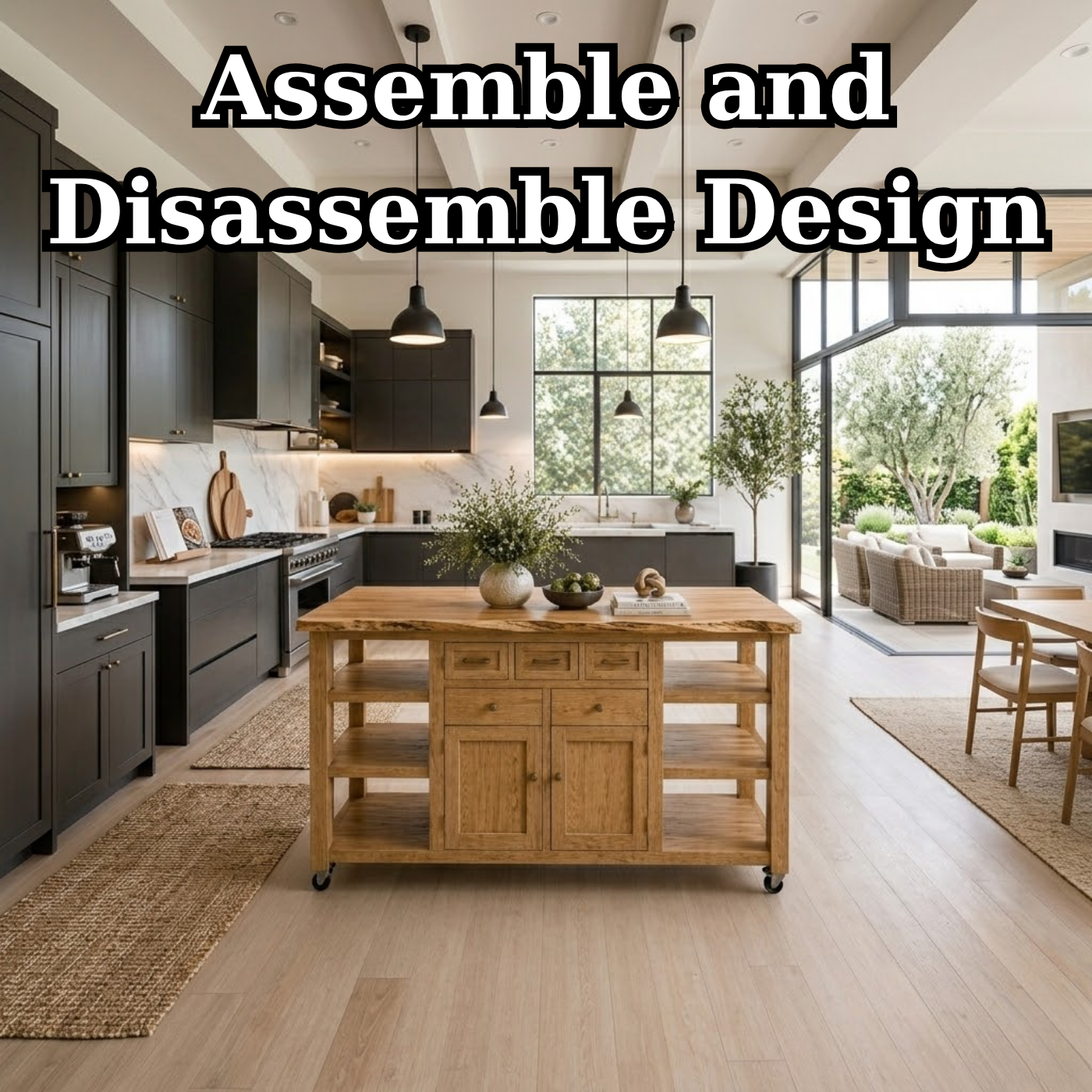 Solid Wood Kitchen Island with Storage & Shelves – Rustic Oak Kitchen Cart, Rolling Prep Table with Drawers & Cabinet