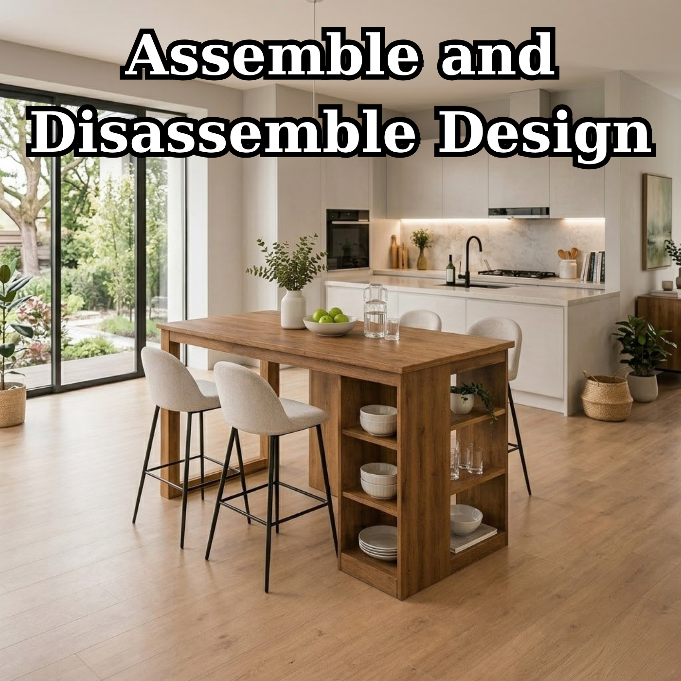 Solid Wood Kitchen Island with Open Shelves – Dining Island Table with Storage, Modern Rustic Kitchen Table