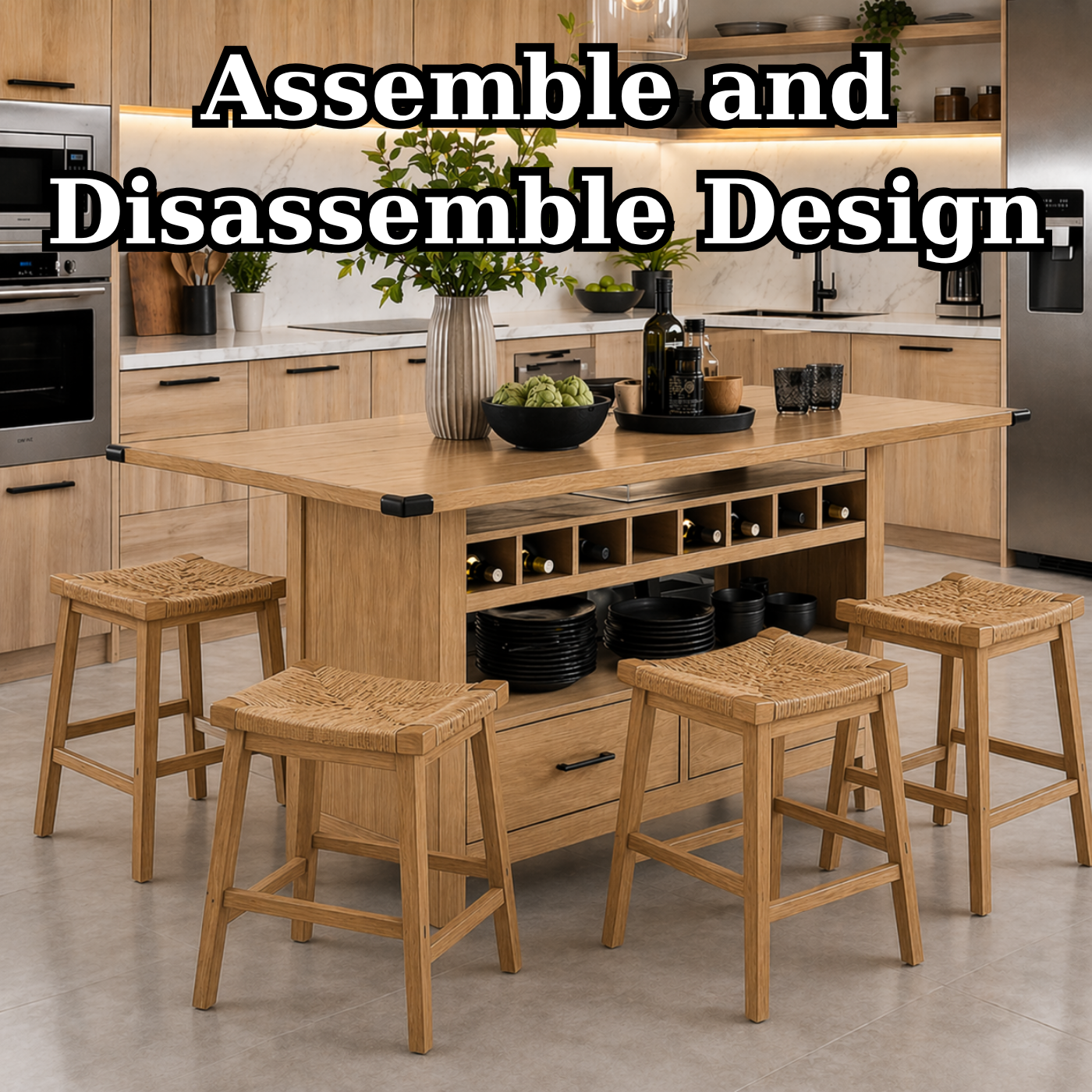 Solid Wood Kitchen Island with Wine Rack & Storage – Rustic Walnut Kitchen Table, Large Prep Island with Shelves & Drawer