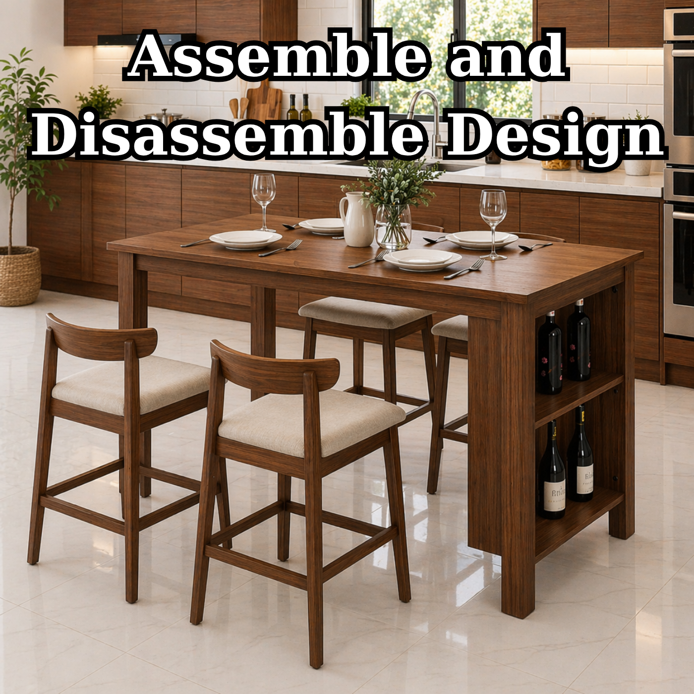 Solid Wood Kitchen Island Dining Table with Wine Rack – Oak Kitchen Table with Storage, Modern Minimalist Dining Island
