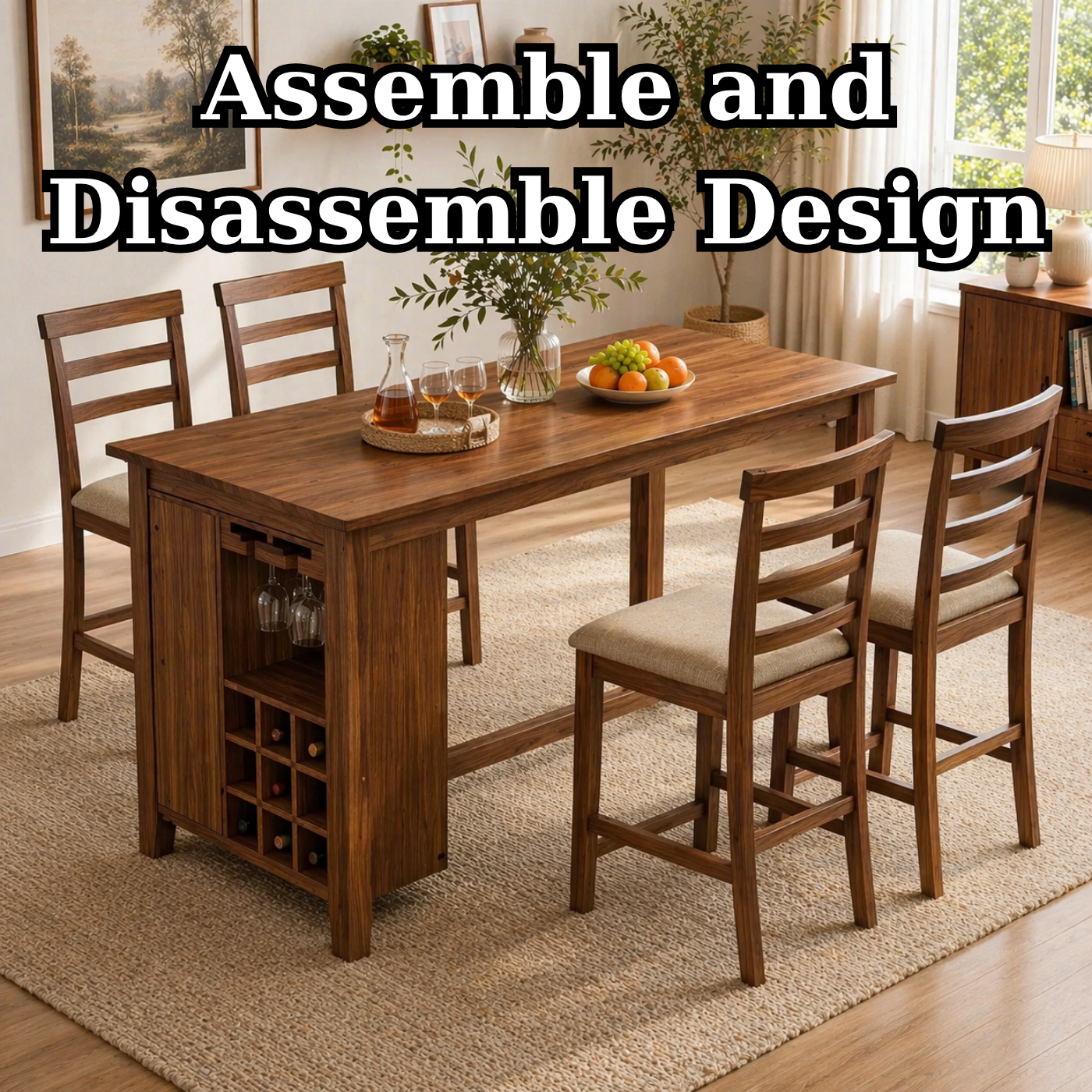 Solid Wood Dining Table with Wine Rack & Glass Holder – Rustic Walnut Dining Table, Kitchen Island Table with Storage