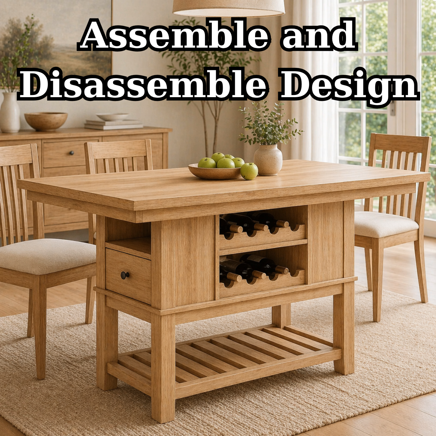 Solid Wood Kitchen Island with Wine Rack & Shelf – Dining Table with Storage, Modern Farmhouse Kitchen Island