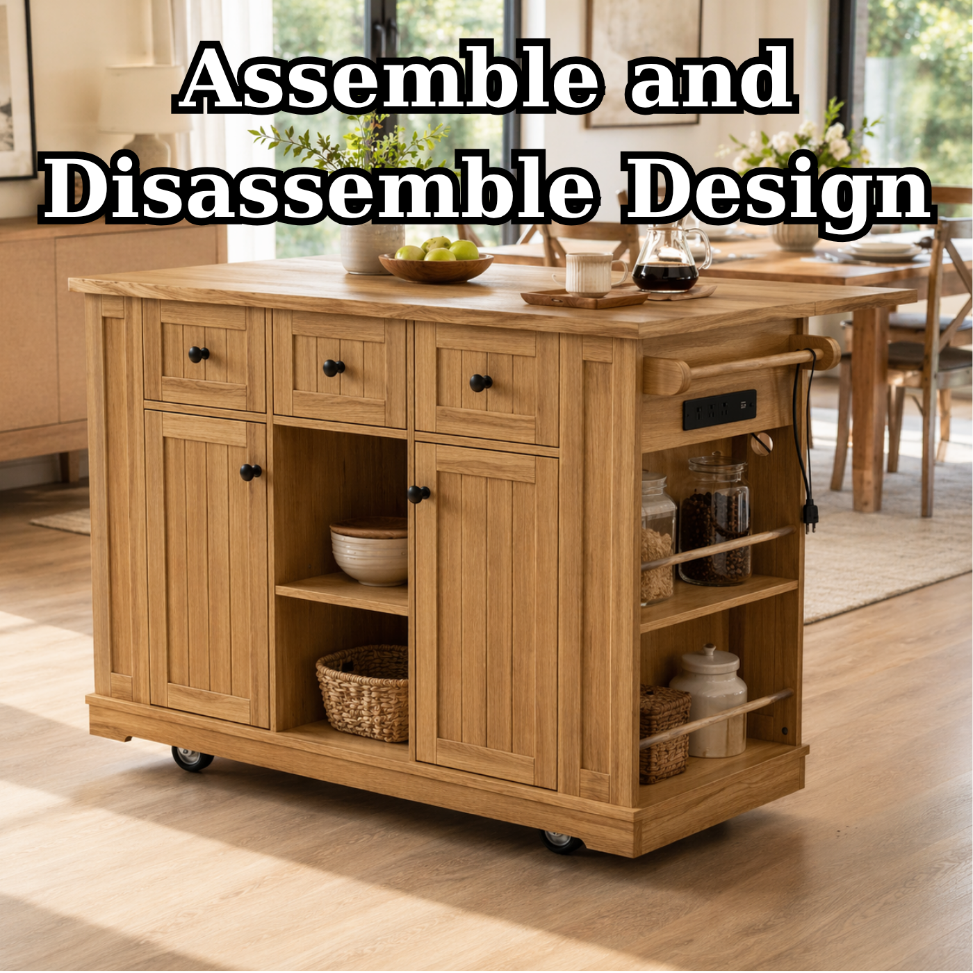 Solid Wood Kitchen Island with Storage & Power Outlet – Oak Rolling Kitchen Cart with Drawers, Cabinets & Shelves
