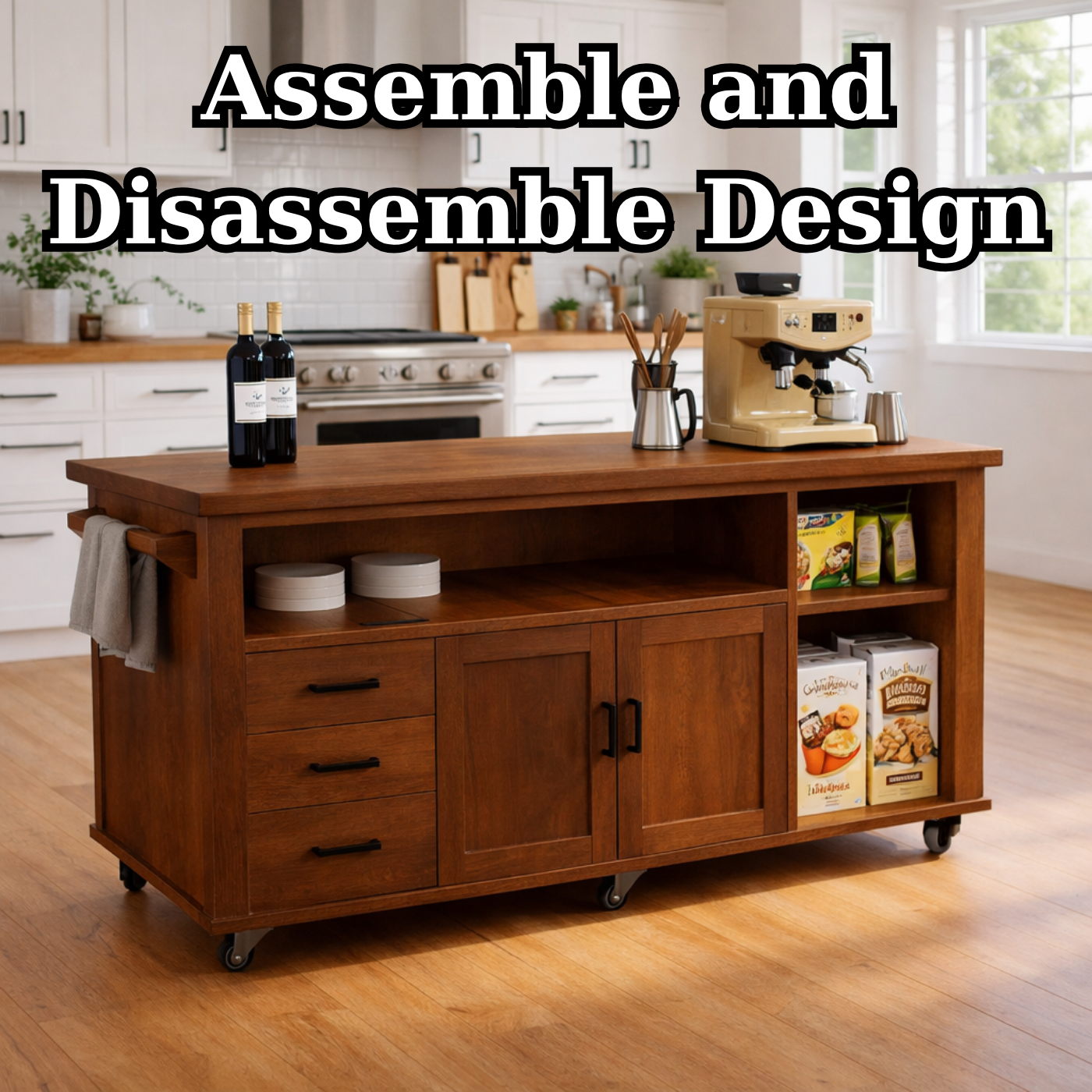 Solid Wood Kitchen Island with Storage & Shelves – Rolling Kitchen Cart with Drawers, Cabinets & Open Storage