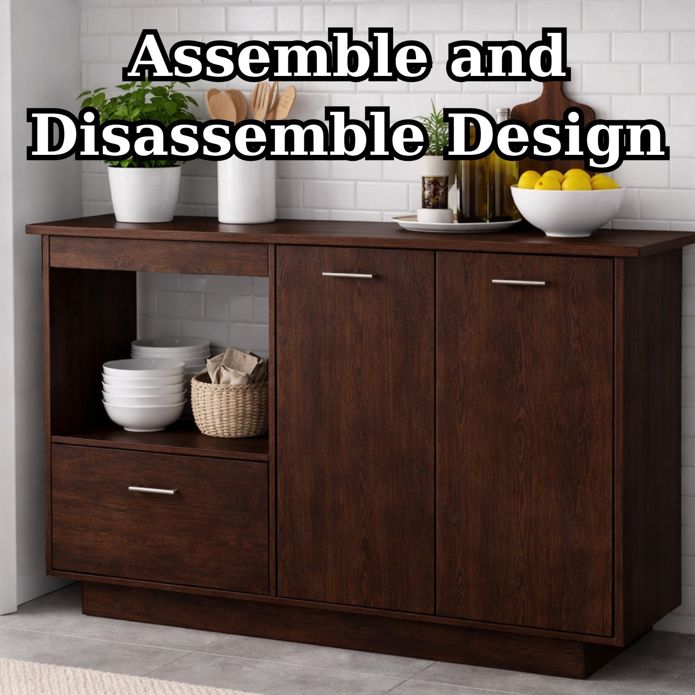 Solid Wood Kitchen Sideboard Cabinet – Walnut Storage Buffet with Drawer & Open Shelf