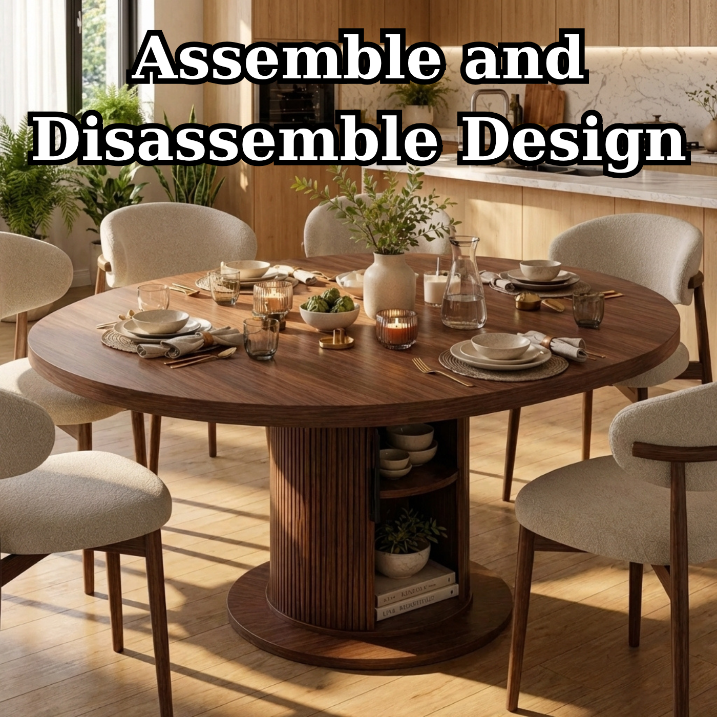 Round Solid Wood Dining Table – Walnut Pedestal Table with Storage Base