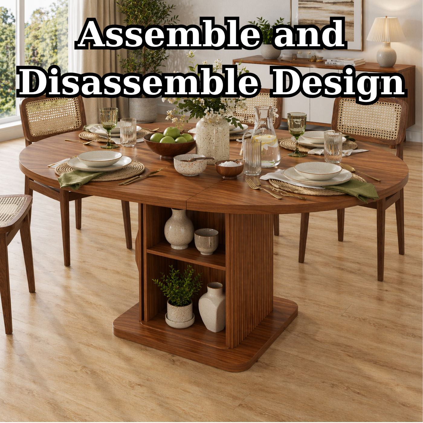 Extendable Round Solid Wood Dining Table – Walnut Pedestal Table with Storage Base
