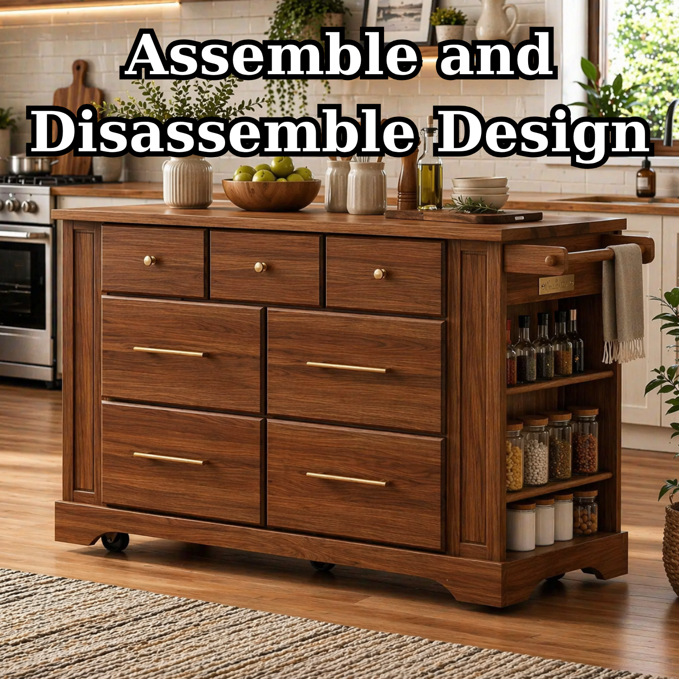 Solid Wood Kitchen Island with Drawers & Side Storage – Rolling Walnut Kitchen Cart with Spice Rack