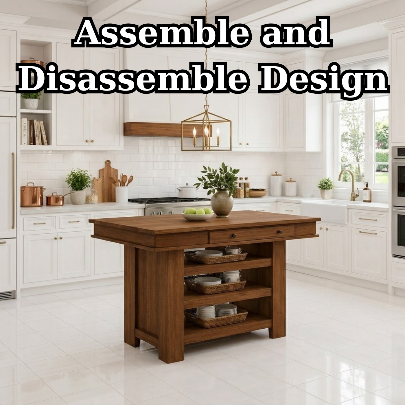 Solid Wood Kitchen Island with Storage – Walnut Prep Table with Shelves