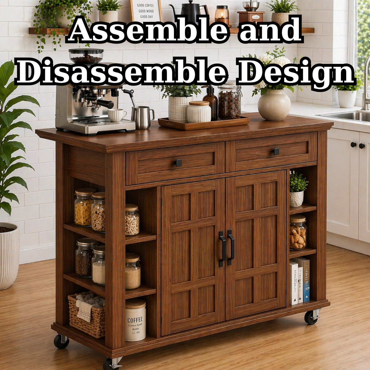 Solid Wood Kitchen Island Cart – Walnut Coffee Station with Storage Shelves