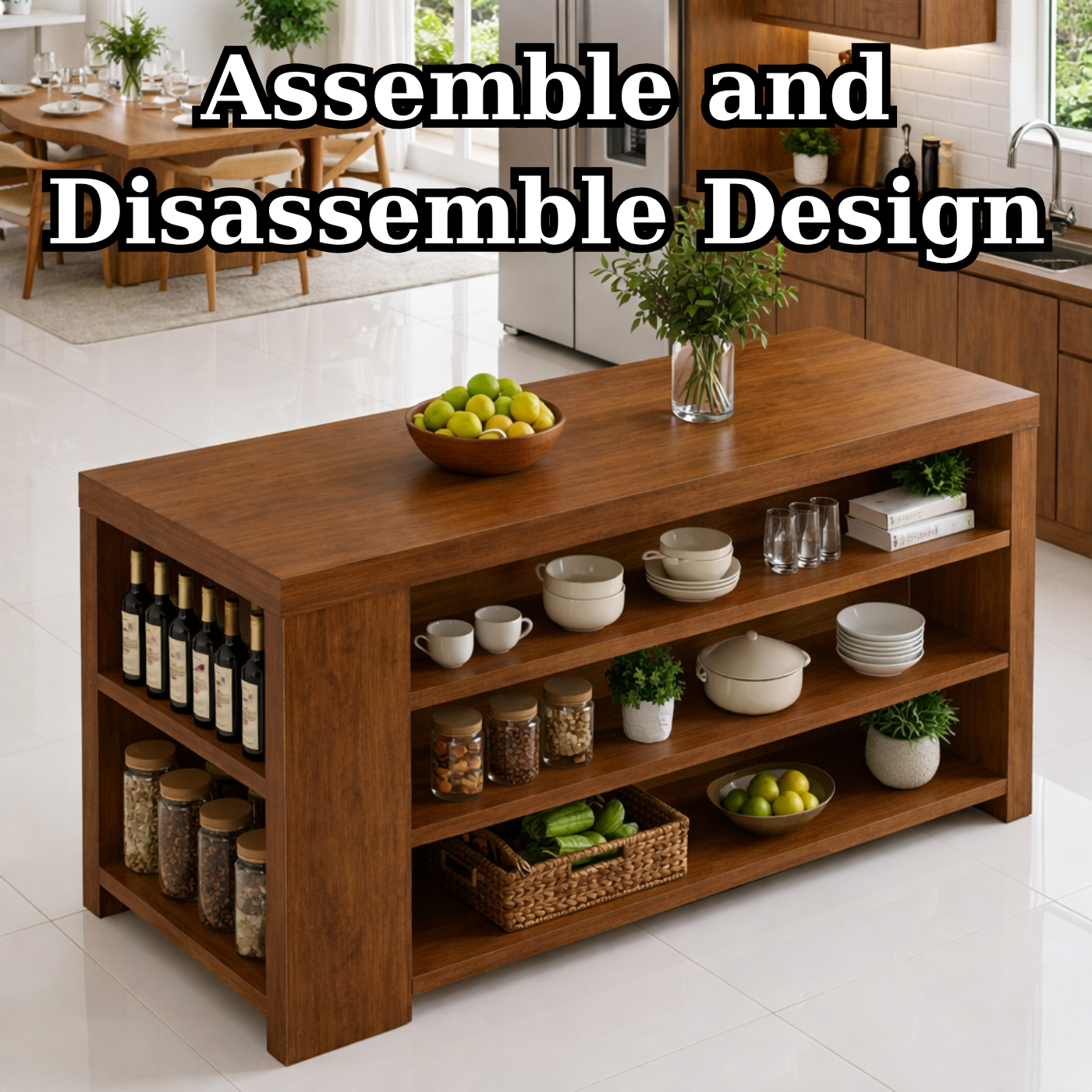 Solid Wood Kitchen Island with Open Shelves – Storage Prep Table